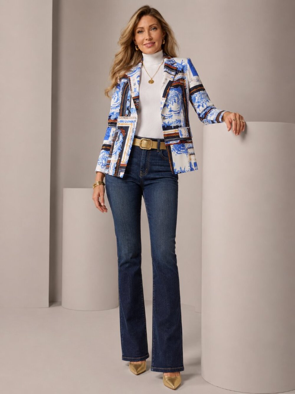 Boston Proper Blue & White Porcelain Floral Blazer Gold Chain Accent Size 6 NEW - Picture 4 of 15
